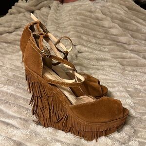Chase + Chloe Brown Fringe Wedge Sandals
